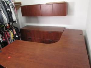 Complete Office Desk Contents Not Included (70.75 X 36 X 29 Round Section), (80.25 Total Length), (72 X 15 X17 Top Storage) & 2 Drawer File Cabinet 35.5 X 22 X 30