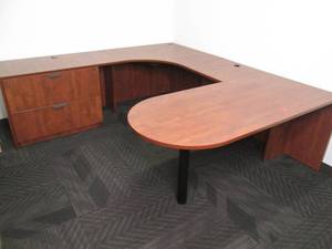 Complete Office Desk Contents Not Included (66 X 30 X 29.25 Round End Section), (95.5 Total Length),  (23.5 Short Middle Section) (42 X 42 Round Corner) (47 X 23.5 X29.25 Straight WDrawers)