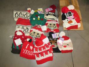 Box of knitted Holiday stocking cap...