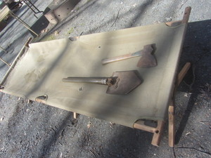 lot 446 image: Army Cot, Shovels, Axe