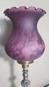 lot 29 image: Tall Victorian Style Candlestick Lamp with Mottled Purple Glass Shade