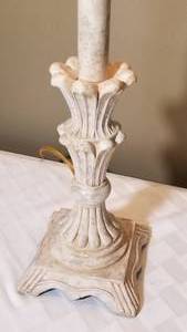 lot 191 image: Tall Ivory & Taupe Candlestick Lamp wBeaded Fringe Shade