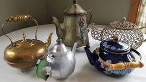 lot 215 image: Collection of 5 Metal Teapots  Enamel, Copper and Aluminum