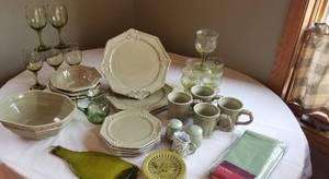 lot 204 image: Sage Green China Service for 4 with Extra Pieces and Vintage Glassware