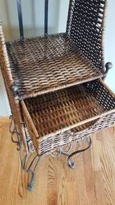 lot 19 image: Tall Wicker and Iron Display Shelf with 3 Drawers