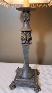 lot 194 image: Bronzy Gray with Gold Accent Table Lamp w Beaded Fringe Shade
