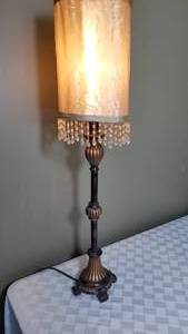 lot 96 image: Tall Bronze and Gold Candlestick Lamp with Beaded Fringe