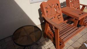 lot 5 image: Redwood Patio Glider  Small Round Glass Table