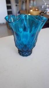 lot 42 image: Blue Hand Blown Glass Vase with Ruffled Lip