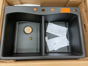 lot 33 image: Kohler Dual Mount Granite Composite 33 in Double Bowl Kitchen Sink-- CRACKED