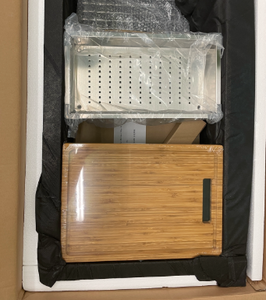 lot 10 image: Glacier Bay All-in-One Apron-Front Farmhouse Stainless Steel 36 in. Single Bowl Workstation Sink with Faucet and Accessories. 