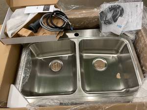 lot 35 image: Glacier Bay All-in-One Stainless Steel 33 in. 2-Hole 5050 Double Bowl Drop-in Kitchen Sink Kit with Faucet