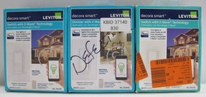 lot 830 image: Lot of 3 Leviton Decora Smart Switches with Z-Wave Technology 15 Amp WhiteLight Almond