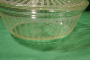 lot 33 image: Vintage Pyrex Clear Glass Casserole Dish Etched Stripes and Flowers