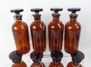 lot 25 image: Set of 8 Vintage Mercer Glass Works 8 OZ Amber Glass Bottles With Mushroom Stoppers