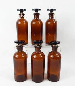 lot 26 image: Set of 6 Vintage Mercer Glass Works 8 OZ Amber Glass Bottles With Mushroom Stoppers
