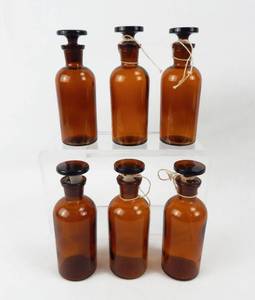 lot 38 image: Set of 6 Vintage Mercer Glass Works 125 ML Narrow Mouth Amber Glass Bottles With Mushroom Stoppers