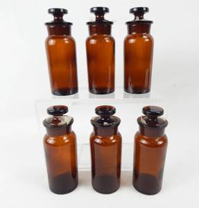 lot 39 image: Set of 6 Vintage Mercer Glass Works 4 OZ Wide Mouth Amber Glass Bottles With Mushroom Stoppers