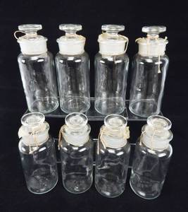 lot 45 image: Set of 8 Vintage Mercer Glass Works 8 OZ Wide Mouth Flint Glass Bottles With Mushroom Stoppers