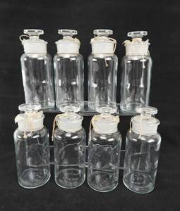 lot 50 image: Set of 8 Vintage Mercer Glass Works 8 OZ Wide Mouth Flint Glass Bottles With Mushroom Stoppers