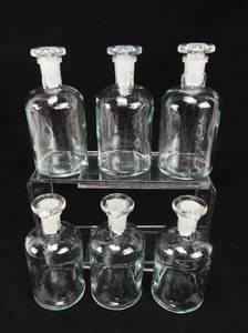lot 53 image: Set of 6 Vintage Mercer Glass Works 200 ML Flint Glass Dropping Bottles With Flat Top Grooved Stoppers