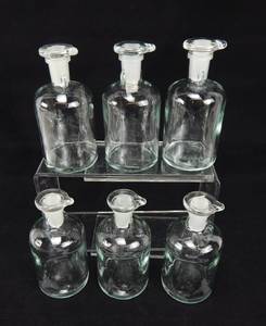 lot 56 image: Set of 6 Vintage Mercer Glass Works 200 ML Flint Glass Dropping Bottles With Flat Top Grooved Stoppers
