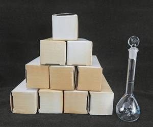 lot 93 image: Lot of 10 Mercer Glass Works 25 ML Pyrex Glass Volumetric Flasks With Stoppers