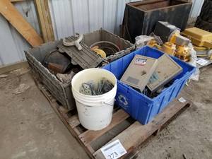 lot 273 image: Hardware - Shelving Brackets, Air Hoses, Fence Hardware, Filter Wrench, Locking Key Box with Key (x2), Misc. Hardware (on pallet)