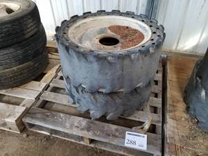 lot 288 image: Lot of (2) Solid Rubber Industrial Tire 33X12- On 8-Bolt Steel Rim (on pallet)