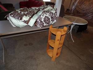 Gray metal desk, comforter and pillow sham, heart table, round glass top table