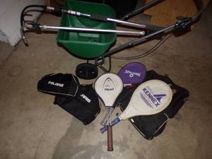 Lawn and sports package- seeder, water wands, rackets, bags