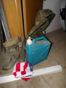 Size 12 Hodgeman boots, camo backpack, flag W holder, water jug