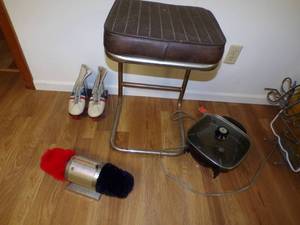 Roller stakes, stool, electric skillet, boot buffer