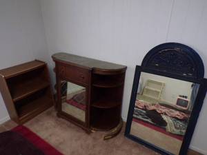 Vintage cabinet, mirror, and shelf