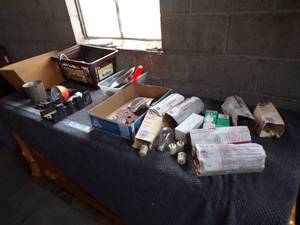 Assorted Lot- Light Bulbs, Grinder Heads w disks, Parts Tray