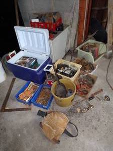 Stand of Wheels, Cooler and Hardware, Containers of Drill BitsLight Stuff Hardware