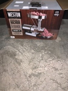 lot 48 image: WESTON BUTCHER SERIES #22 1 HP ELECTRIC MEAT GRINDER WITH SAUSAGE STUFFING KIT. SEE PICTURES