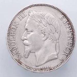 1869 5 Francs, 90% Silver, 22.5 g Actual Silver Weight
