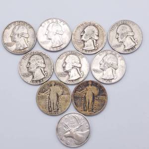 10 Silver Quarters--7 Washington, 2 Standing Liberty & 1 Canada