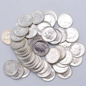 50 BU Roosevelt Dimes, 90% Silver, 49 1953-P & 1 1964-D