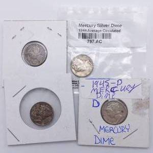 4 Mercury Dimes, 90% Silver