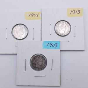 3 Barber Dimes, 90% Silver