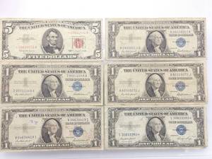 $5 U. S. Note & 5-$1 U.S. Silver Certificates