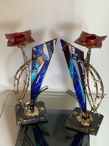 Beautiful Pair of Fused Glass and Metal Candle Holders