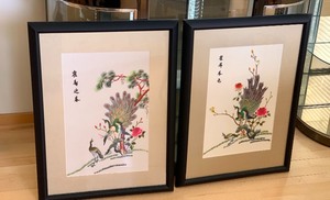 Pair of Framed Asian Inspired Hand Embroidered Pieces of Art
