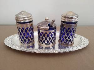 lot 26 image: Blue Glass and Silver Salt, Pepper, and Sugar Tray