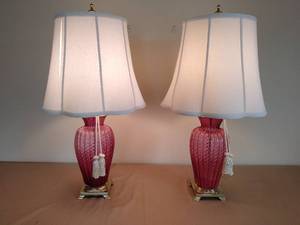 lot 156 image: Pair of Cranberry Glass and Brass Table Lamps