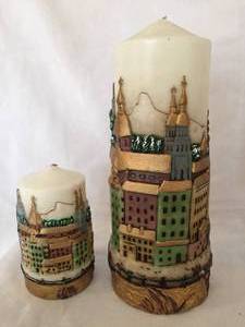 lot 135 image: 2 Ornate Candles and a Brass & Copper Candle Holder