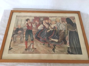 lot 136 image: Vintage Scandinavian Dancing Scene Framed Watercolor