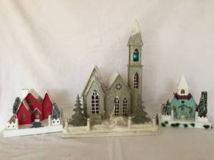 lot 137 image: Two Christopher Radko Shiny Bright Vintage Christmas Houses and Church